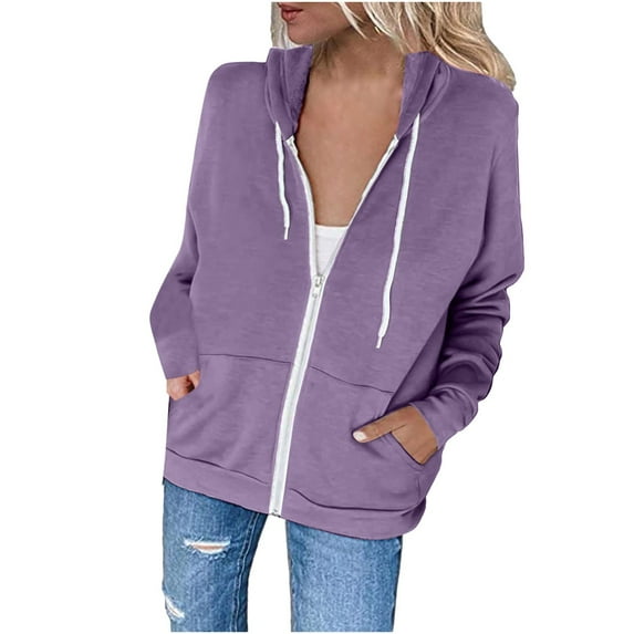 Ecqkame Womens Oversized Lightweight Zip Up Hoodie Fashion Women Casual Hooded Slim Zipper Fleece Sweater Coat Purple C S