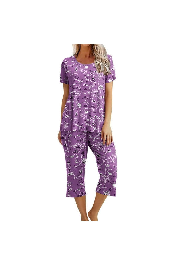 Womens Pajama SetsWomen's Printed Round Neck Short Sleeve Sleepshirt And Pants Sets Loungewear Pajamas With Pockets Purple XL