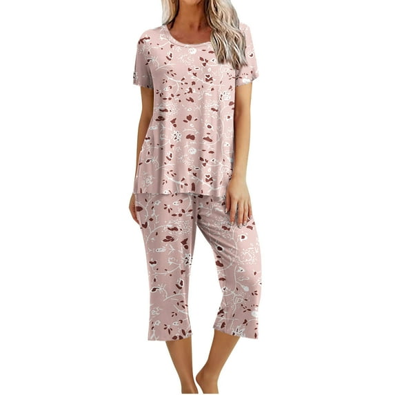 Ecqkame Womens Pajama SetsWomen's Printed Round Neck Short Sleeve Sleepshirt And Pants Sets Loungewear Pajamas With Pockets XXL