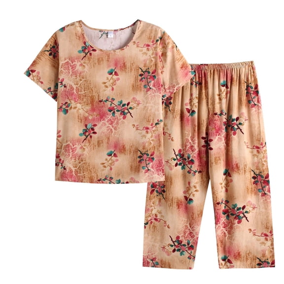 Ecqkame Womens Pajama Sets Cotton Linen Loose Casual Short Sleeve Round Neck Top Comfortable Breathable Pajamas Sets for Woman Orange XXL