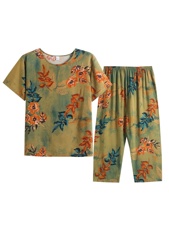 Womens Pajama Sets Cotton Linen Loose Casual Short Sleeve Round Neck Top Comfortable Breathable Sets Women's Pajama Sets Green XXXL