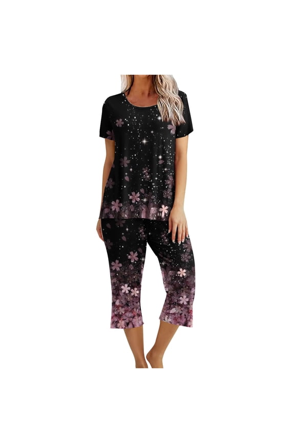 Womens Pajamas SetShort Sleeve Round Neck Top with Capri Pants with Pockets Casual Sleepwear Pjs Loungewear Sets Hot XL