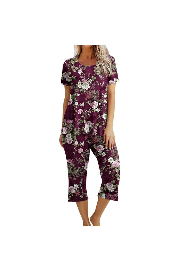 Womens Pajamas SetShort Sleeve Round Neck Top with Capri Pants with Pockets Casual Sleepwear Pjs Loungewear Sets Wine XL