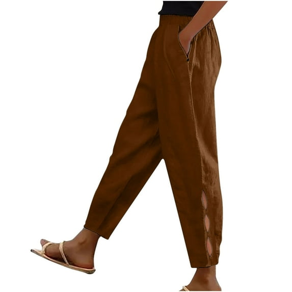 Ecqkame Womens Plus Size Casual Pants Loose Straight Leg Ankle Pants Elastic Waist Solid Color Lightweight Trousers with Pockets 01-Brown XXXL