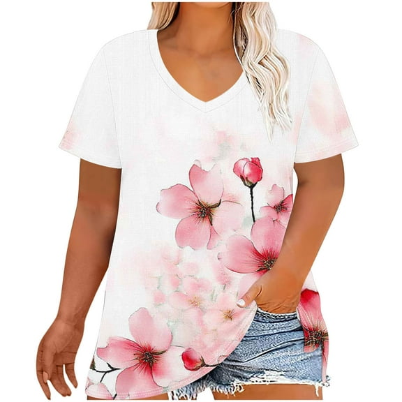 Ecqkame Womens Plus Size Tops Summer Casual Floral Print V Neck Short Sleeve Shirt Loose Flowy Trendy T Shirts Pink XL