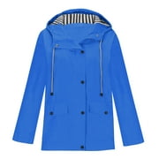 Ecqkame Womens Rain Jacket with Hood Casual Plus Size Jacket Outdoor Solid Windproof Lightweight Raincoat A-Blue XXXXL on Clearance