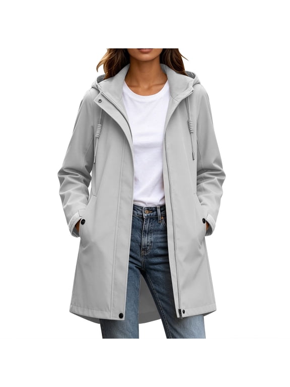 Womens Rain Jackets Waterproof Hooded Trench Mid Length Zip Up Coats Casual Windproof Outdoor Pocket Outerwear Gray XXXL