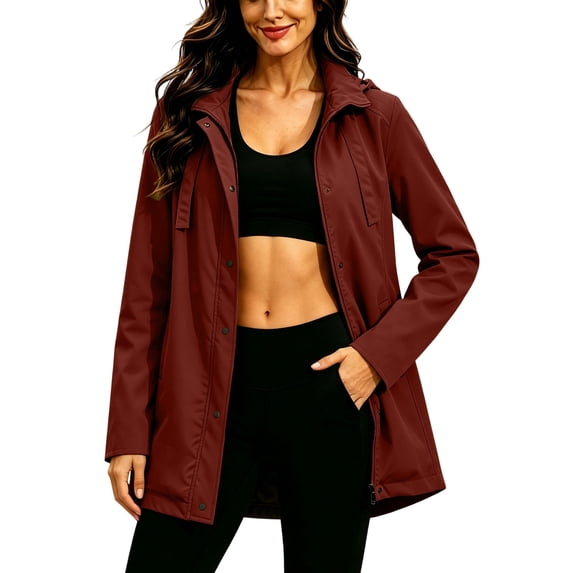 Ecqkame Womens Rain Jackets Waterproof Hooded Trench Mid Length Zip Up Coats Casual Windproof Outdoor Pocket Outerwear Red XXL