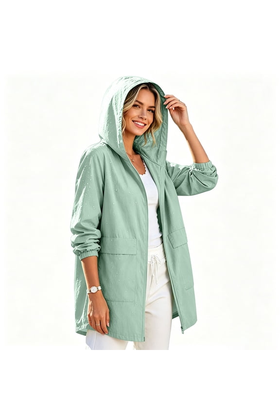 Womens Rain Jackets Waterproof Windproof Hood Zip Up Outdoor Coats Sports Hiking Casual Daily Lightweight Outerwear Green M