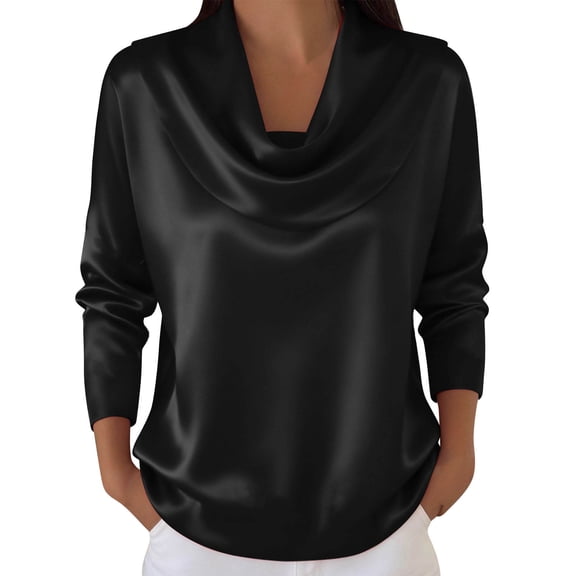 Ecqkame Womens Satin Shirts Draped Neck Long Sleeve Dressy Tops Trendy Temperament Casual Loose Business Blouses Black XL