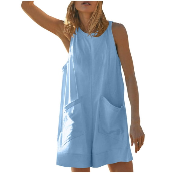 Ecqkame Womens Short Jumpsuits Casual Solid Color Summer Button Front Jumpsuits Sleeveless Tank Rompers with Pockets 02-Blue 02-02-Blue