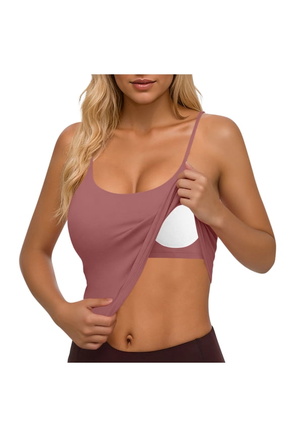 Womens Spaghetti Strap Crop Cami Tops with Built In Bra Summer Sleeveless Solid Color Casual Tank Tops Pink XXL