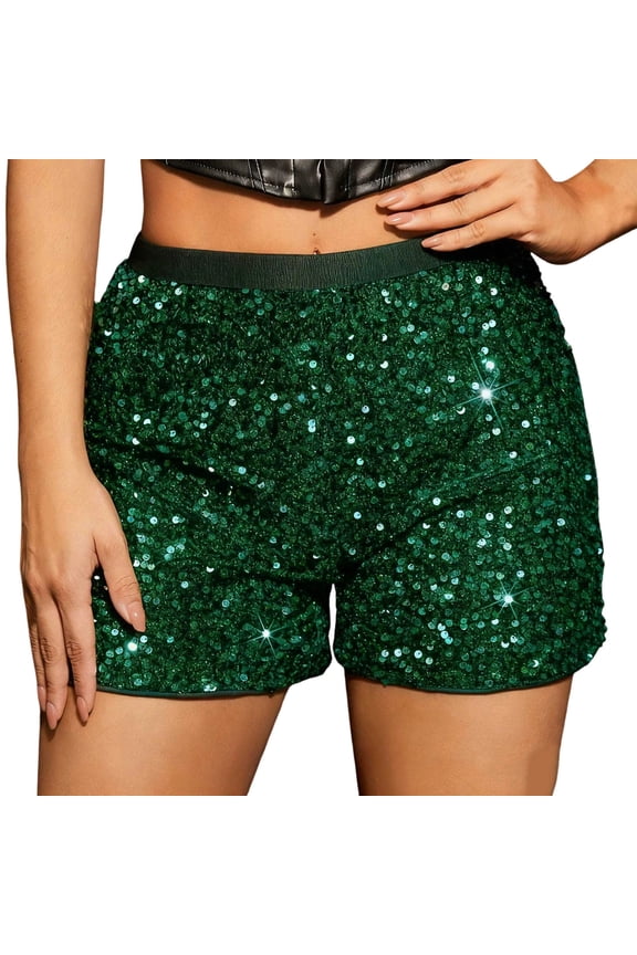 Womens Sparkly Sequin Shorts Glitter Elastic Waisted Sparkle Straight Legs Shorts Party Carnival Daily Shorts Green XL