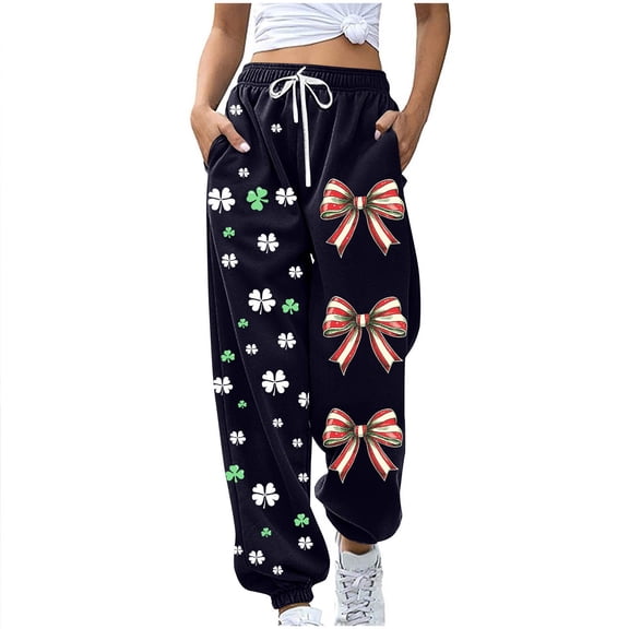 Ecqkame Womens St. Patrick's Day Sweatpants Elastic Waist Printed Joggers Trousers Casual Loose Sports Pants with Pockets Black XL