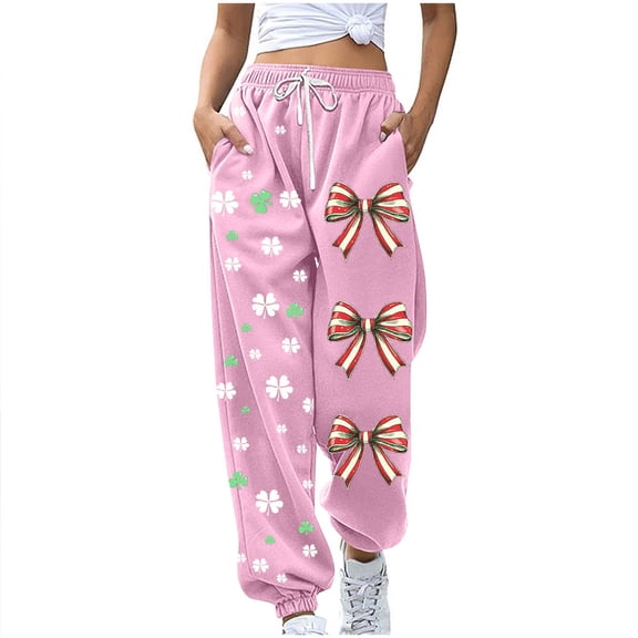 Ecqkame Womens St. Patrick's Day Sweatpants Elastic Waist Printed Joggers Trousers Casual Loose Sports Pants with Pockets Pink M