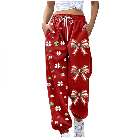 Ecqkame Womens St. Patrick's Day Sweatpants Elastic Waist Printed Joggers Trousers Casual Loose Sports Pants with Pockets Red L