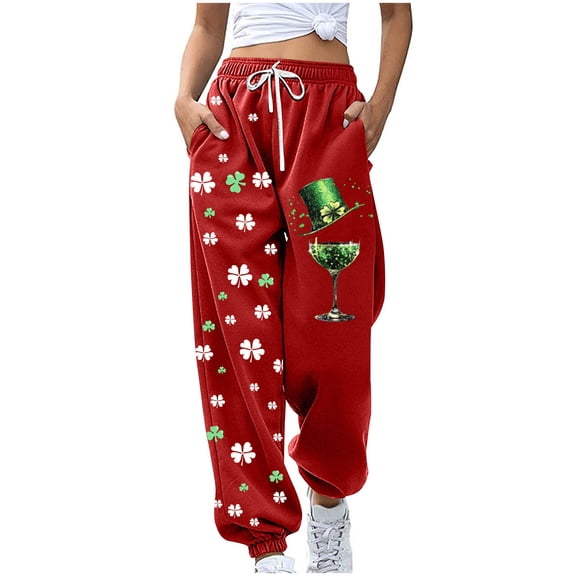 Ecqkame Womens St. Patrick's Day Sweatpants Elastic Waist Printed Joggers Trousers Casual Loose Sports Pants with Pockets Red XL