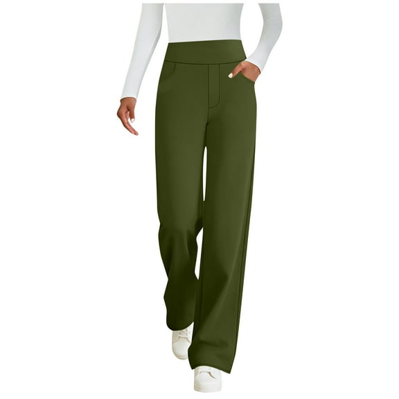 Ecqkame Womens Straight Leg Pants Solid Color High Waist Business Pleated Trousers Casual Work Dressy Pant with Pockets Army Green S