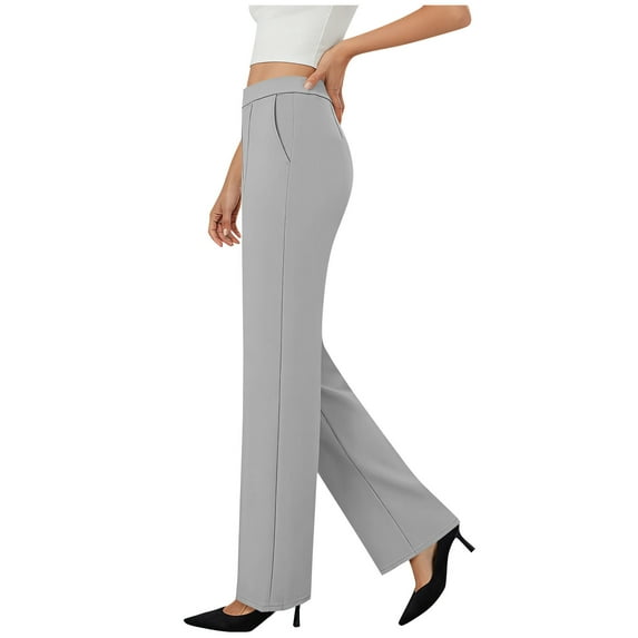 Ecqkame Womens Straight Leg Pants Solid Color High Waist Business Pleated Trousers Casual Work Dressy Pant with Pockets Gray XL