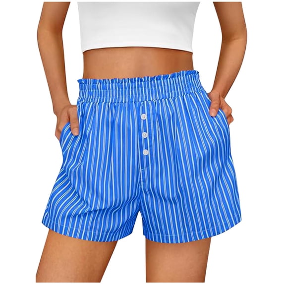 Ecqkame Womens Striped Boxer Pajama Lounge Shorts Summer Cute Comfortable Elastic Waist Shorts Fashion Casual Lightweight Pajama Short 02-Blue XXL