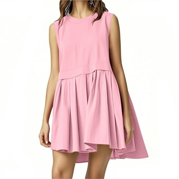 Ecqkame Womens Summer Casual Dress Loose Crew Neck Sleeveeless Solid Color Dress Patchwork Pleated A Line Beach Boho Dress Pink M