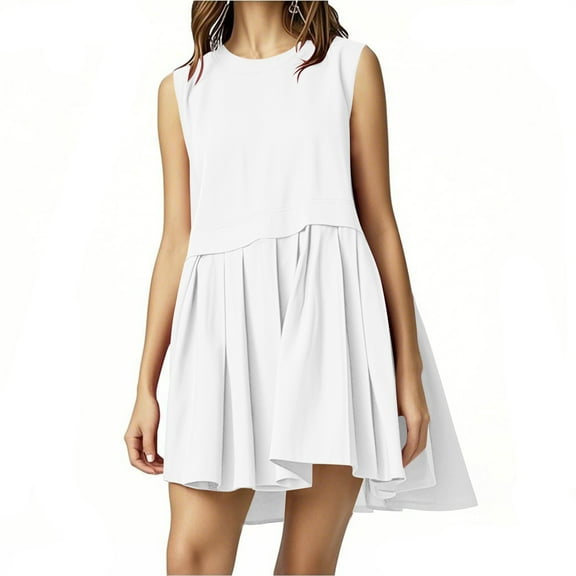 Ecqkame Womens Summer Casual Dress Loose Crew Neck Sleeveeless Solid Color Dress Patchwork Pleated A Line Beach Boho Dress White M