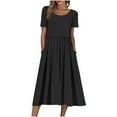 thumbnail image 1 of Ecqkame Womens Summer Casual Dress Loose Solid Color Crew Neck Short Sleeve Party Dress Pleated Hem A Line Beach Long Dress 02-Black S, 1 of 9