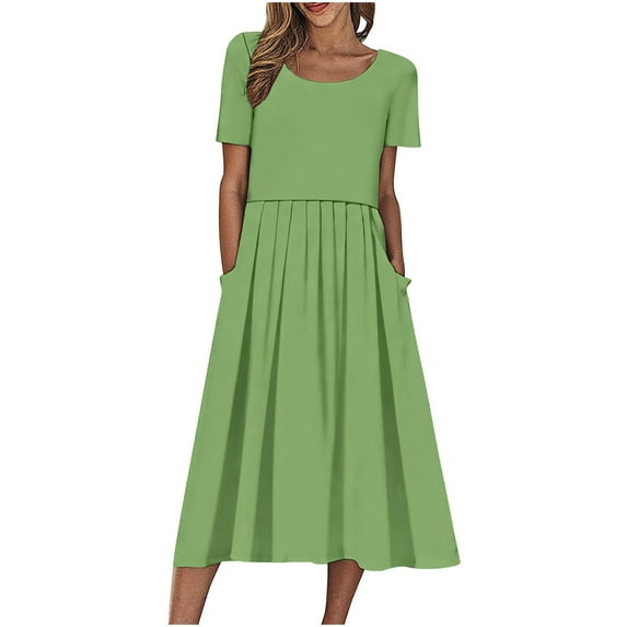 Ecqkame Womens Summer Casual Dress Loose Solid Color Crew Neck Short Sleeve Party Dress Pleated Hem A Line Beach Long Dress 02-Green M