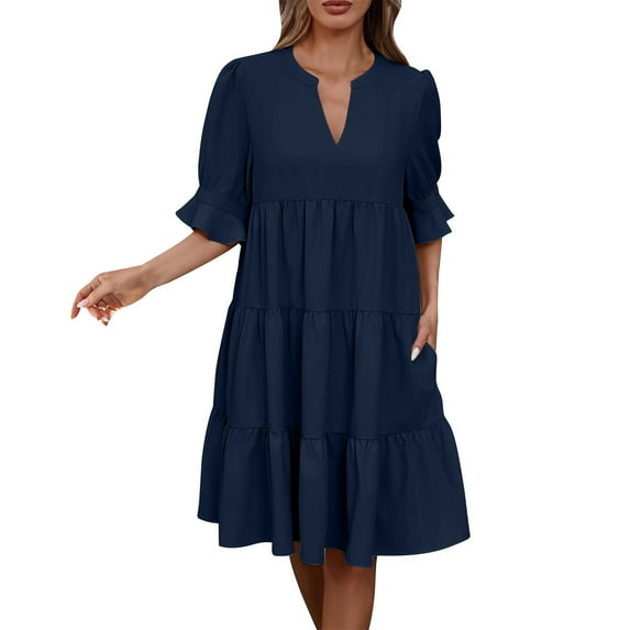 Ecqkame Womens Summer Casual Dress Loose Solid Color V Neck Short Sleeve Party Dress Pleated Hem A Line Beach Long Dress 01-Dark Blue L