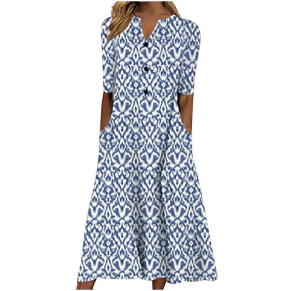Ecqkame Womens Summer Casual Long Dresses V Neck 3/4 Sleeve Button Down Dress Floral Print Flowy Beach Dress with Pocket Sky Blue M