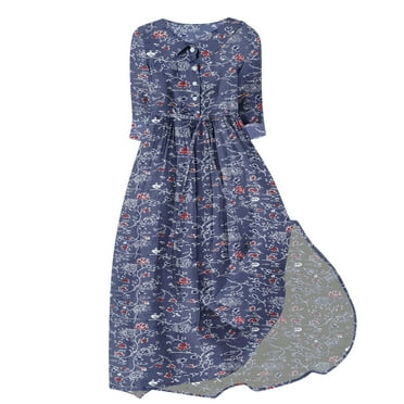 Ecqkame Womens Summer Dresses Casual Printed Elbow-Length Sleeve Turndown Collar Party Midi Dress B-Purple XXL on Clearance