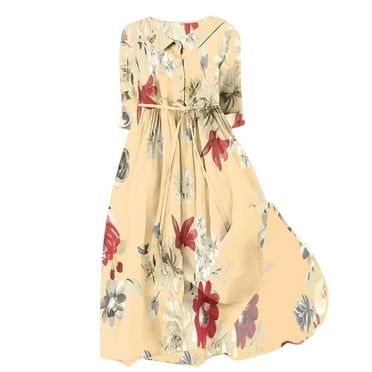 Ecqkame Womens Summer Dresses Casual Printed Elbow-Length Sleeve Turndown Collar Party Midi Dress C-Khaki M on Clearance
