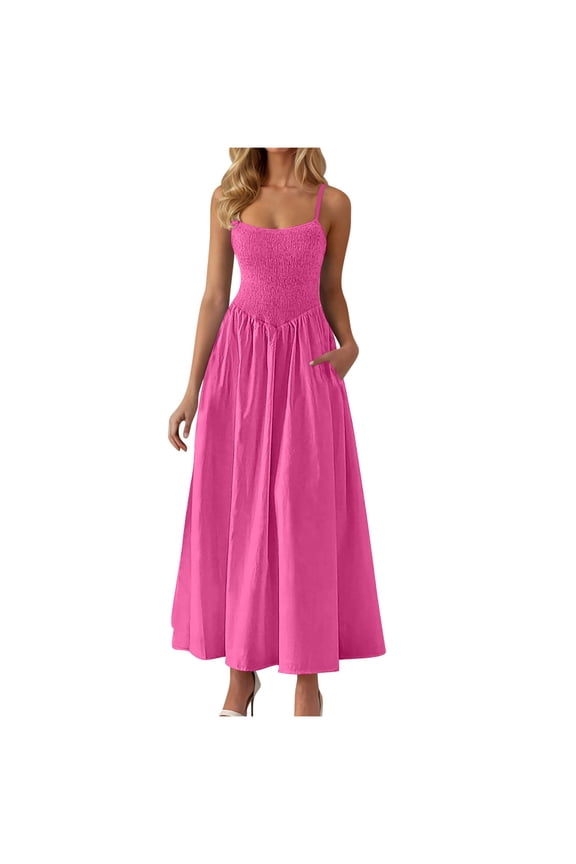 Womens Summer Long Dress Sexy Off Shoulder Solid Color Adjustable Spaghetti Strap Dress Casual Flowy Tiered Tummy Control Beach Dress with Pockets Hot Pink M