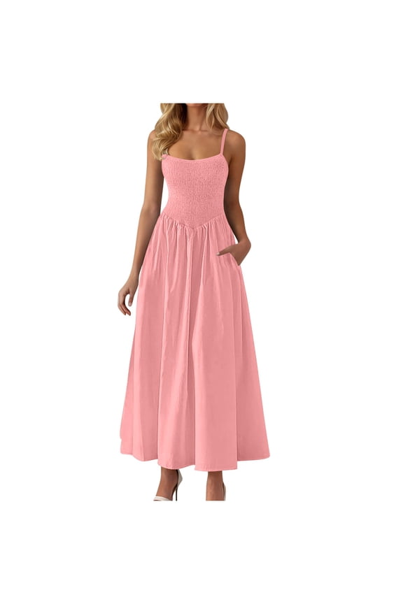 Womens Summer Long Dress Sexy Off Shoulder Solid Color Adjustable Spaghetti Strap Dress Casual Flowy Tiered Tummy Control Beach Dress with Pockets Pink S
