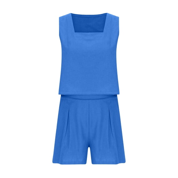 Ecqkame Womens Summer Outfits Linen Summer Casual Vacation Sets Solid Sleeveless Crop Tops with Short Blue S