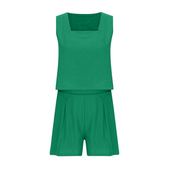 Ecqkame Womens Summer Outfits Linen Summer Casual Vacation Sets Solid Sleeveless Crop Tops with Short Green M