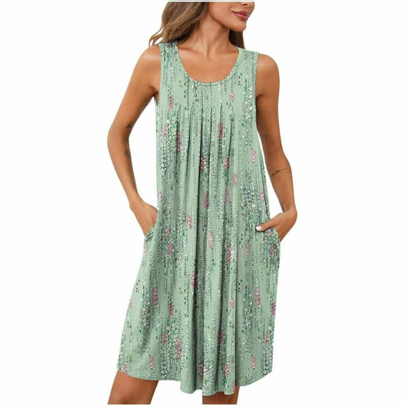 Ecqkame Womens Summer Nightgown Casual Floral Print Sleeveless Sleepwear Pleated Round Neck Nightdress with Pockets 01-Green L
