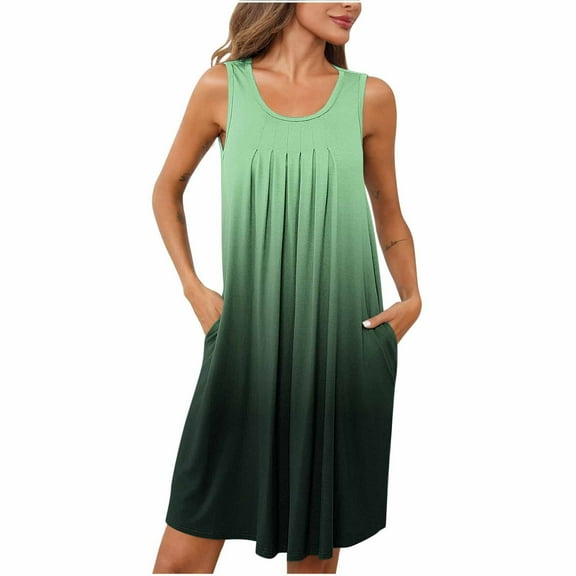 Ecqkame Womens Summer Nightgown Casual Gradient Color Sleeveless Sleepwear Pleated Round Neck Nightdress with Pockets 03-Green L