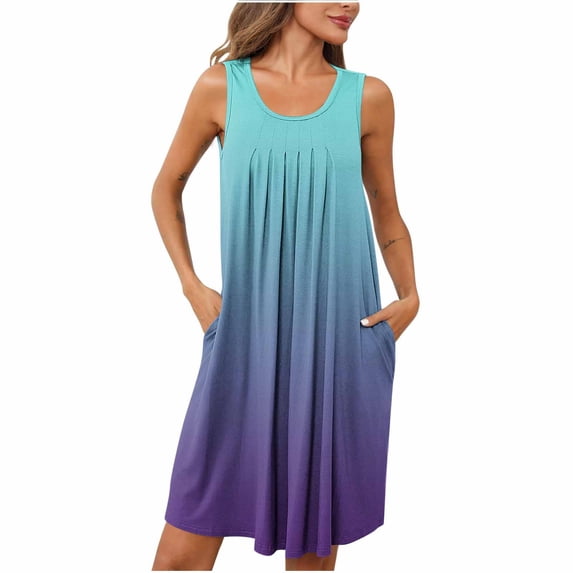 Ecqkame Womens Summer Nightgown Casual Gradient Color Sleeveless Sleepwear Pleated Round Neck Nightdress with Pockets 03-Purple XL