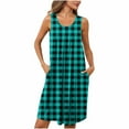thumbnail image 1 of Ecqkame Womens Summer Nightgown Casual Plaid Sleeveless Sleepwear Pleated Round Neck Loose Nightdress with Pockets 04-Mint Green XXL, 1 of 7