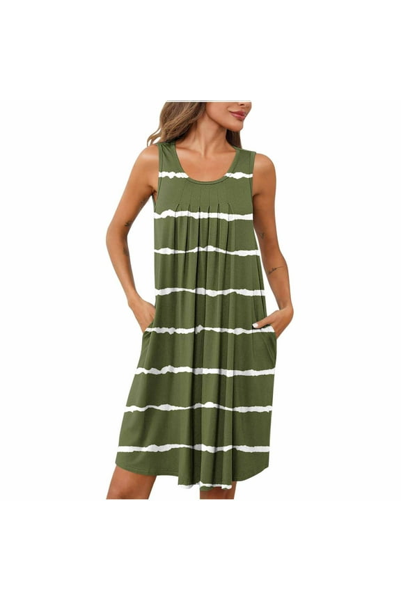 Womens Summer Nightgown Casual Striped Sleeveless Sleepwear Pleated Round Neck Loose Nightdress with Pockets 02-Army Green S