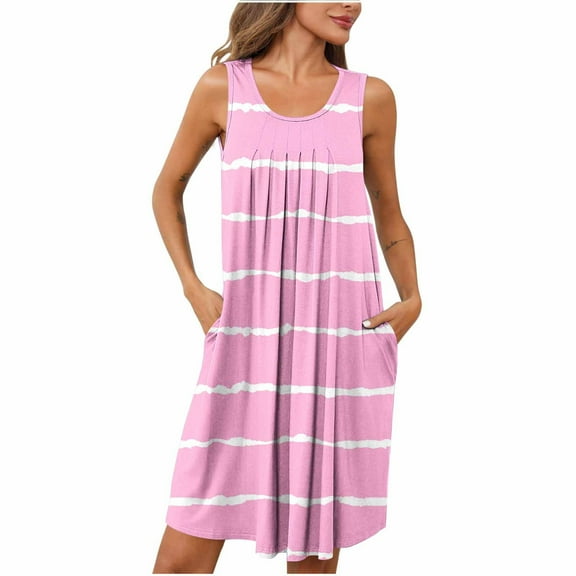 Ecqkame Womens Summer Nightgown Casual Striped Sleeveless Sleepwear Pleated Round Neck Loose Nightdress with Pockets 02-Pink L