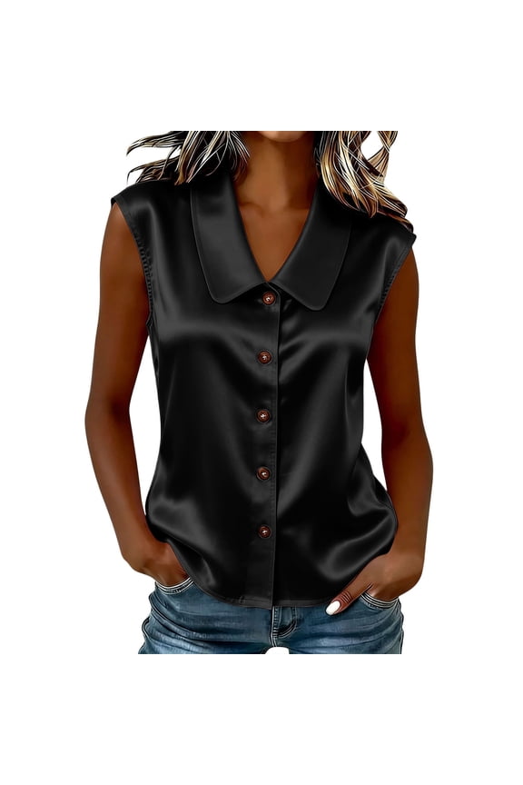 Womens Summer Satin Tops Peter Pan Collar Sleeveless Button Down Vest Top Trendy Daily Versatile Shirts Black M
