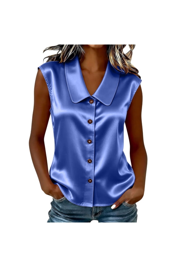 Womens Summer Satin Tops Peter Pan Collar Sleeveless Button Down Vest Top Trendy Daily Versatile Shirts Blue XXXL