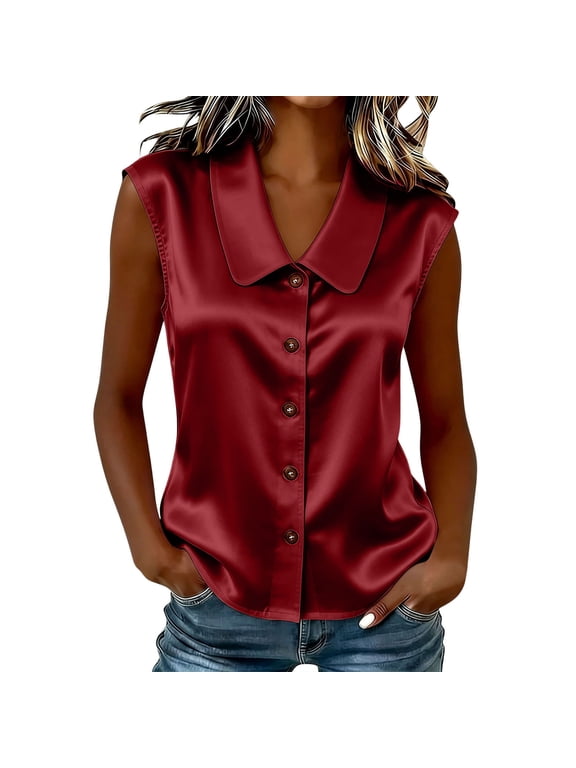 Womens Summer Satin Tops Peter Pan Collar Sleeveless Button Down Vest Top Trendy Daily Versatile Shirts Red M