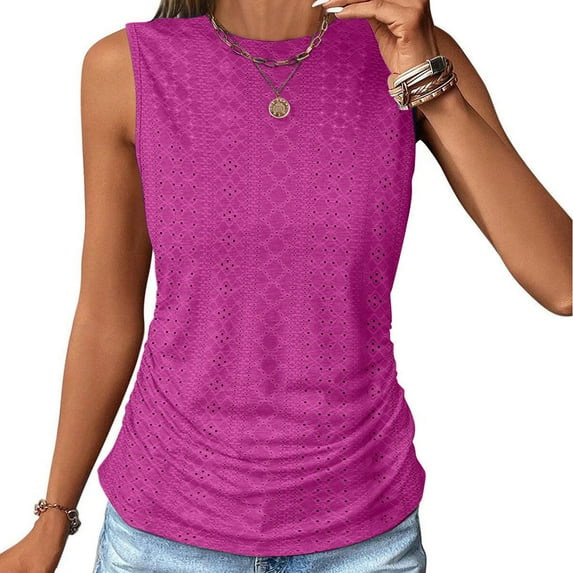 Ecqkame Womens Summer Sleeveless Tank Tops Solid Color Casual Cute Tunic Tops Fashion Loose Cute Shirt Hot Pink XL