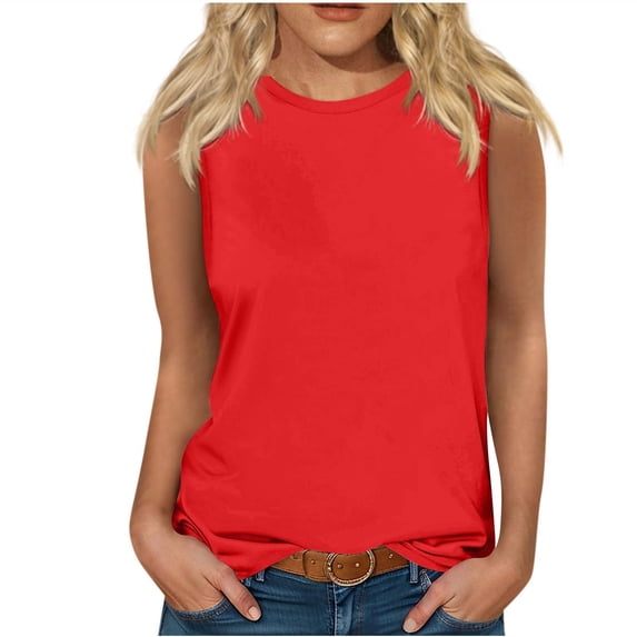 Ecqkame Womens Summer Tops Casual Fashion Solid Color Loose Round Neck Sleeveless Tops Summer Tops for Women 2024 Red XXL