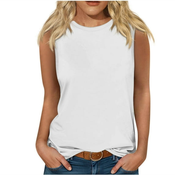 Ecqkame Womens Summer Tops Casual Fashion Solid Color Loose Round Neck Sleeveless Tops Summer Tops for Women 2024 White XL