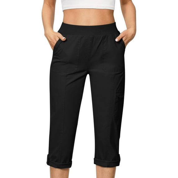 Ecqkame Womens Summer Trendy Cropped Pants Casual Elastic Waist Yoga Pants Solid Color Stretchy High Waisted Pants with Pockets Black XXL