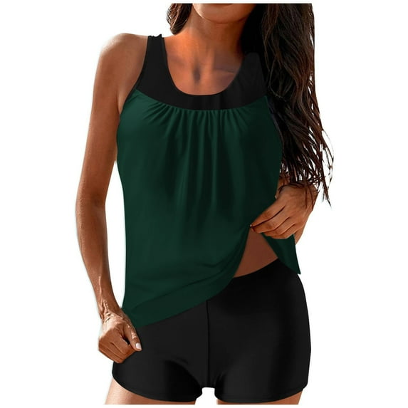 Ecqkame Womens Tank Bathing Suits Conservative Print Casual Tankini Set Two Piece Stretchy Summer Beach Swimsuits 01-Green M